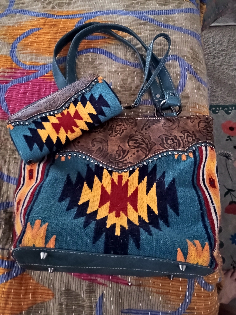 Teal Southwestern-Pattern Shoulder Bag with Matching Wristlet